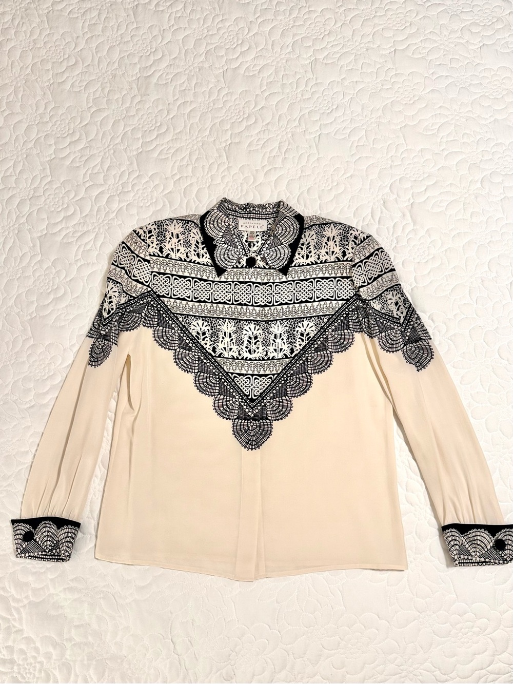 VTG Adrianna Papell Silk Western Lace Print Ladies Blouse Cream Black Sz 8